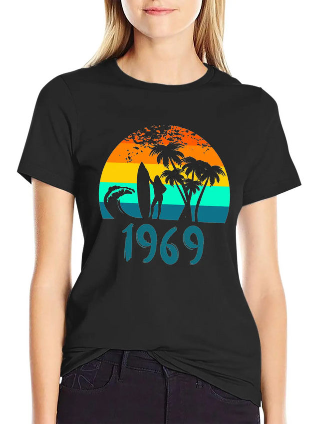 1969 Surf Girl At Sunset Teal Lightweight Cotton T-Shirt – Daily Comfort Graphic Shirt