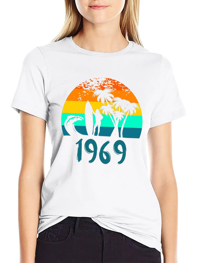 1969 Surf Girl At Sunset Teal Lightweight Cotton T-Shirt – Daily Comfort Graphic Shirt