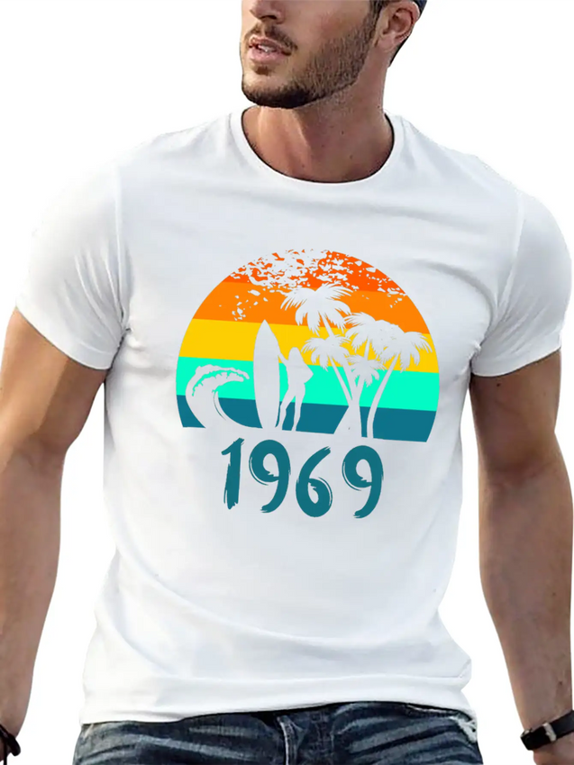 1969 Surf Girl At Sunset Teal Lightweight Cotton T-Shirt – Daily Comfort Graphic Shirt