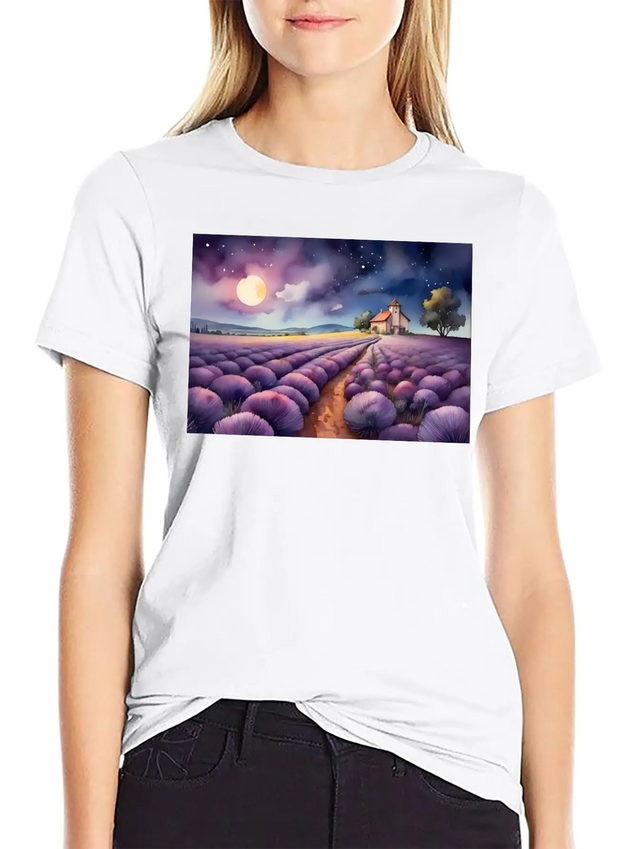 A Path Through A Field Of Lavender In Watercolor Lightweight Cotton T-Shirt – Daily Comfort Graphic Shirt