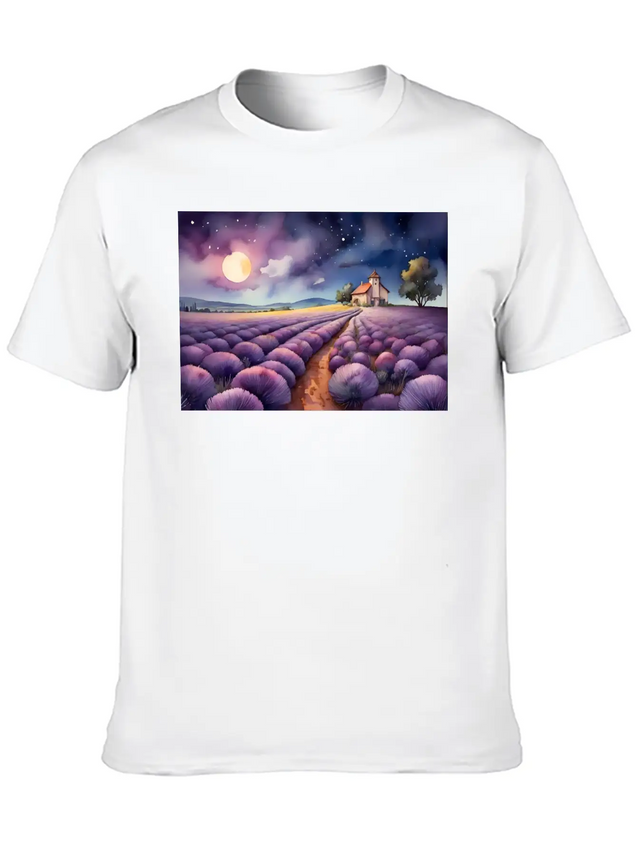 A Path Through A Field Of Lavender In Watercolor Lightweight Cotton T-Shirt – Daily Comfort Graphic Shirt