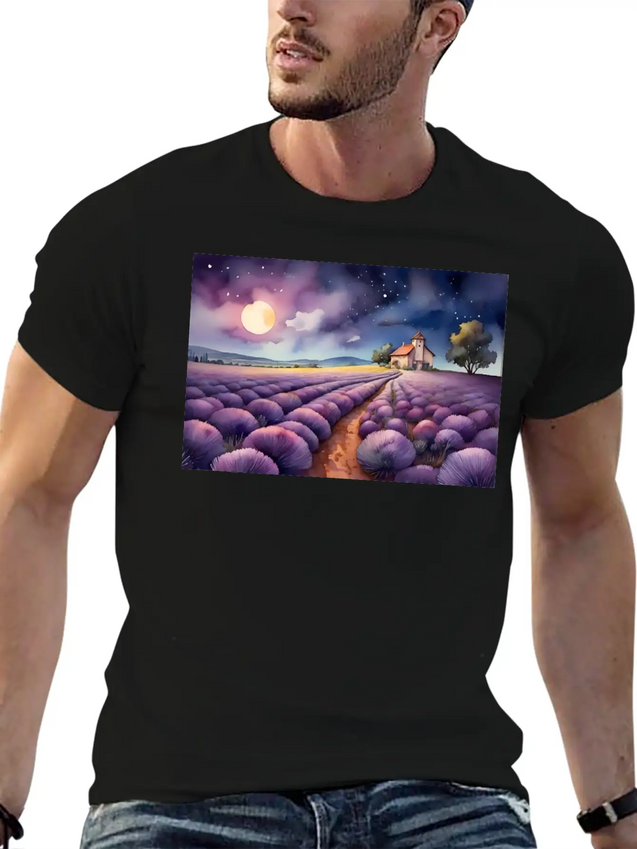 A Path Through A Field Of Lavender In Watercolor Lightweight Cotton T-Shirt – Daily Comfort Graphic Shirt