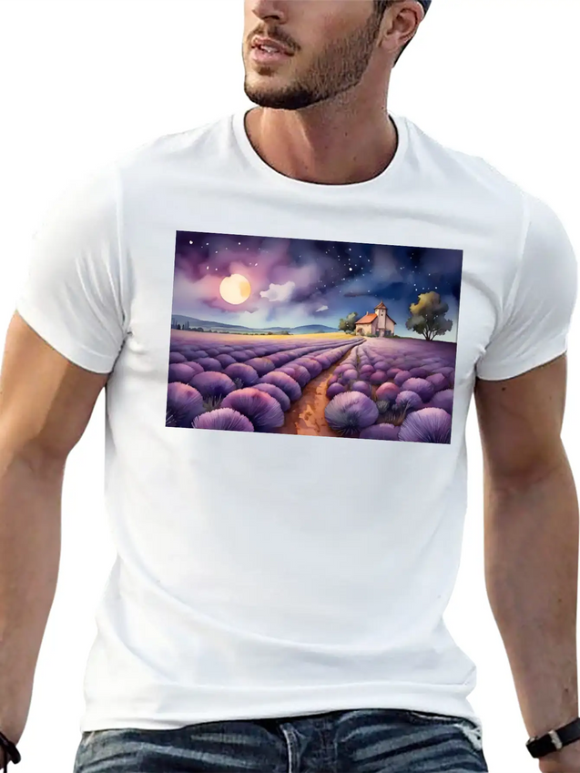 A Path Through A Field Of Lavender In Watercolor Lightweight Cotton T-Shirt – Daily Comfort Graphic Shirt