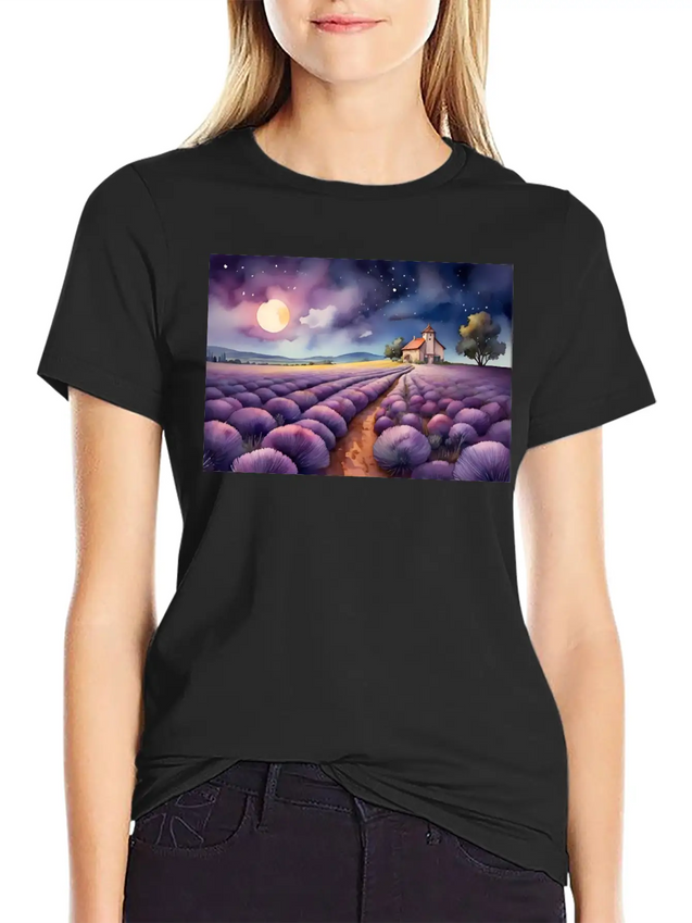 A Path Through A Field Of Lavender In Watercolor Lightweight Cotton T-Shirt – Daily Comfort Graphic Shirt