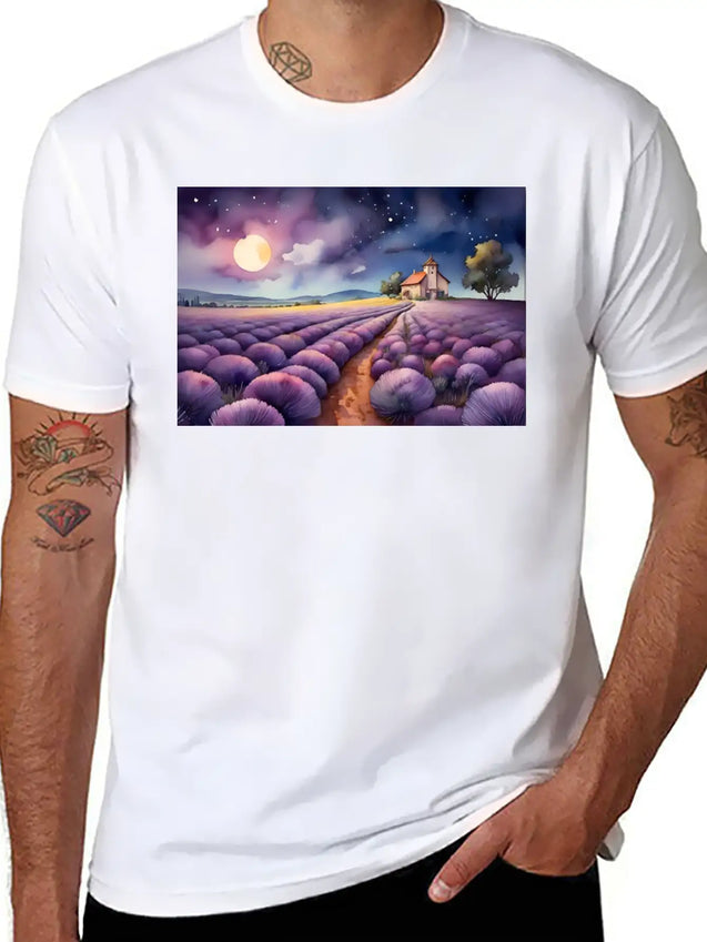 A Path Through A Field Of Lavender In Watercolor Lightweight Cotton T-Shirt – Daily Comfort Graphic Shirt