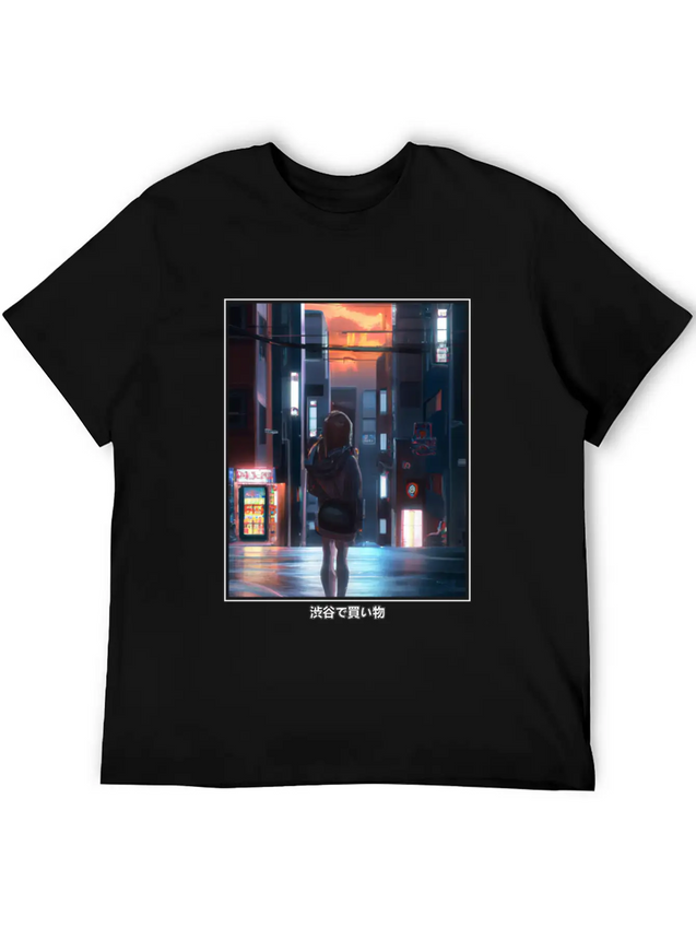 Anime Manga Girl Shopping In Shibuya Japan Lightweight Cotton T-Shirt – Daily Comfort Graphic Shirt