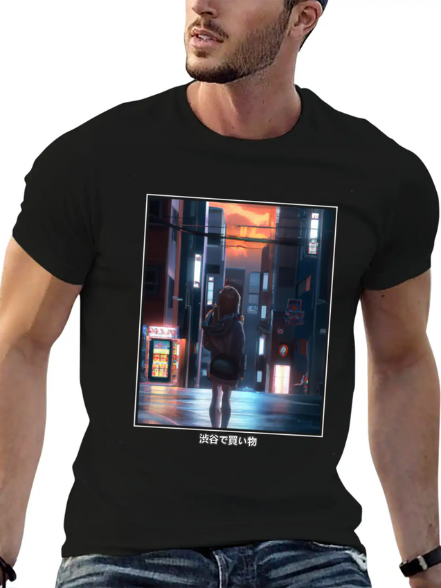 Anime Manga Girl Shopping In Shibuya Japan Lightweight Cotton T-Shirt – Daily Comfort Graphic Shirt