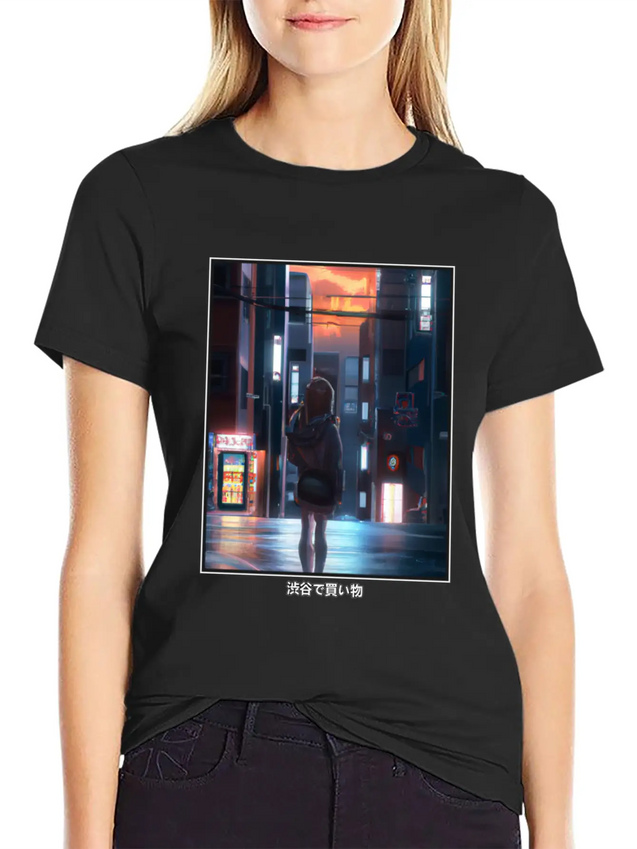 Anime Manga Girl Shopping In Shibuya Japan Lightweight Cotton T-Shirt – Daily Comfort Graphic Shirt