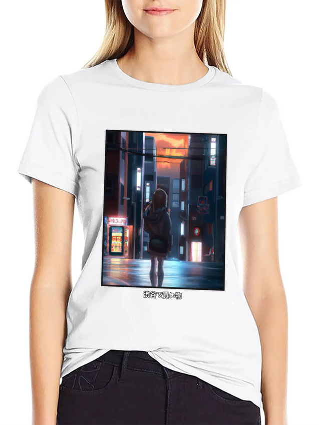 Anime Manga Girl Shopping In Shibuya Japan Lightweight Cotton T-Shirt – Daily Comfort Graphic Shirt