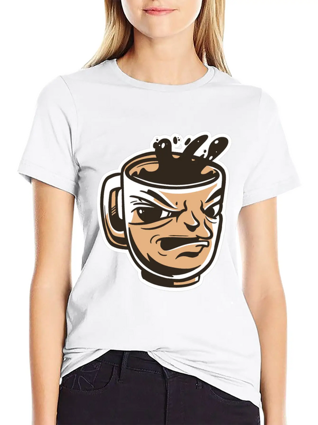 Black Coffee Cup Face Morning Tired Lightweight Cotton T-Shirt – Daily Comfort Graphic Shirt