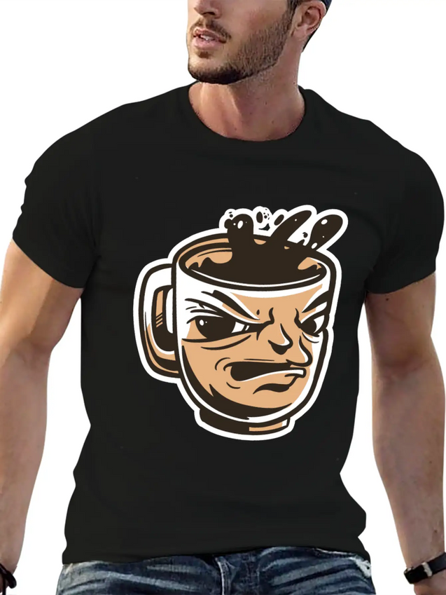Black Coffee Cup Face Morning Tired Lightweight Cotton T-Shirt – Daily Comfort Graphic Shirt
