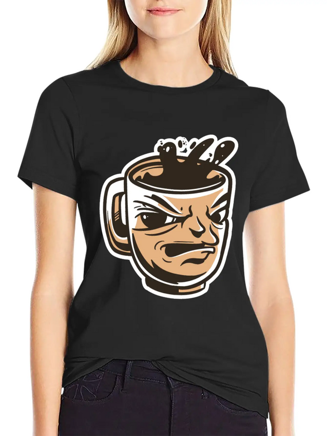 Black Coffee Cup Face Morning Tired Lightweight Cotton T-Shirt – Daily Comfort Graphic Shirt