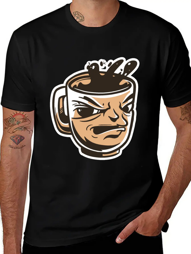 Black Coffee Cup Face Morning Tired Lightweight Cotton T-Shirt – Daily Comfort Graphic Shirt