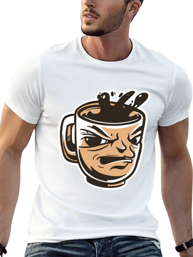 Black Coffee Cup Face Morning Tired Lightweight Cotton T-Shirt – Daily Comfort Graphic Shirt