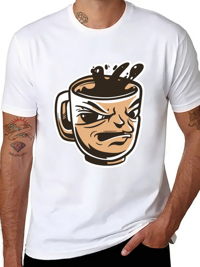 Black Coffee Cup Face Morning Tired Lightweight Cotton T-Shirt – Daily Comfort Graphic Shirt