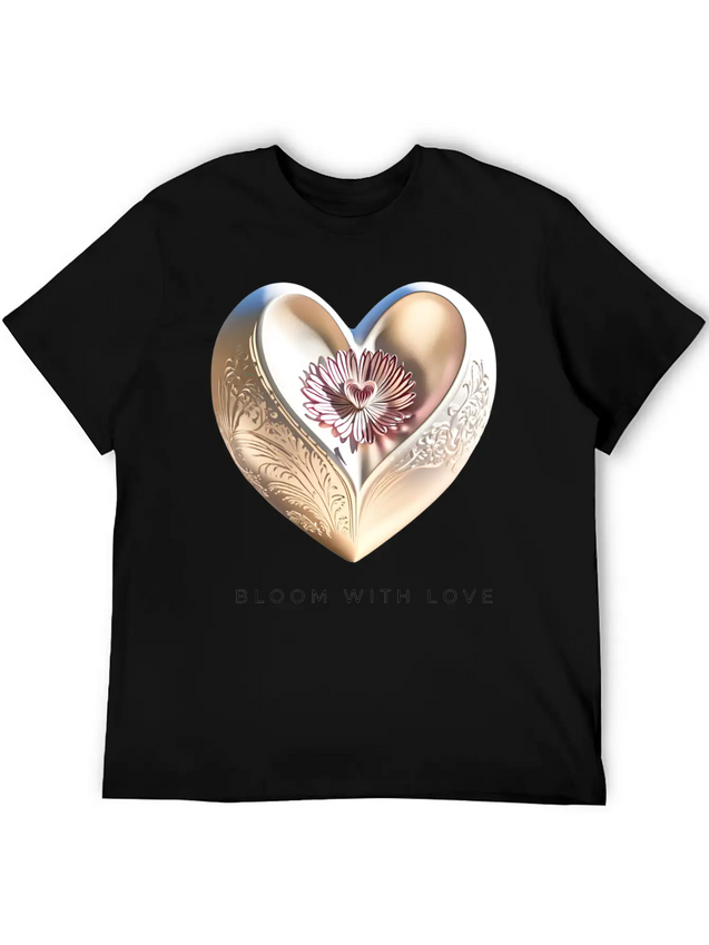 Bloom With Love Gold Heart And Flower Lightweight Cotton T-Shirt – Daily Comfort Graphic Shirt