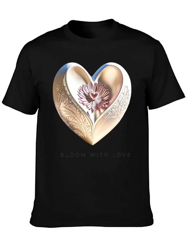 Bloom With Love Gold Heart And Flower Lightweight Cotton T-Shirt – Daily Comfort Graphic Shirt