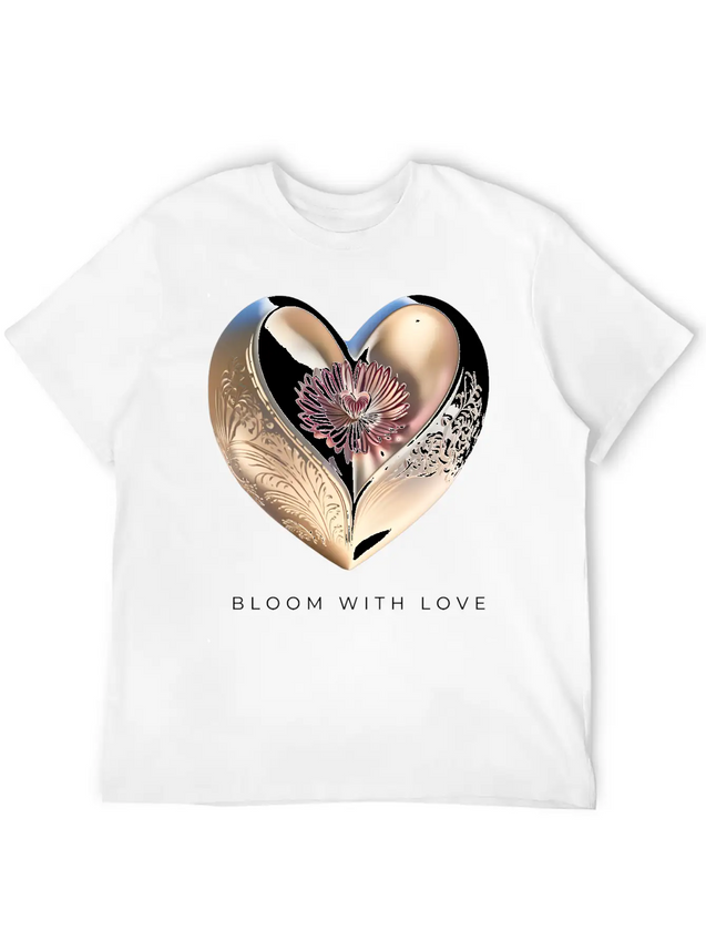Bloom With Love Gold Heart And Flower Lightweight Cotton T-Shirt – Daily Comfort Graphic Shirt