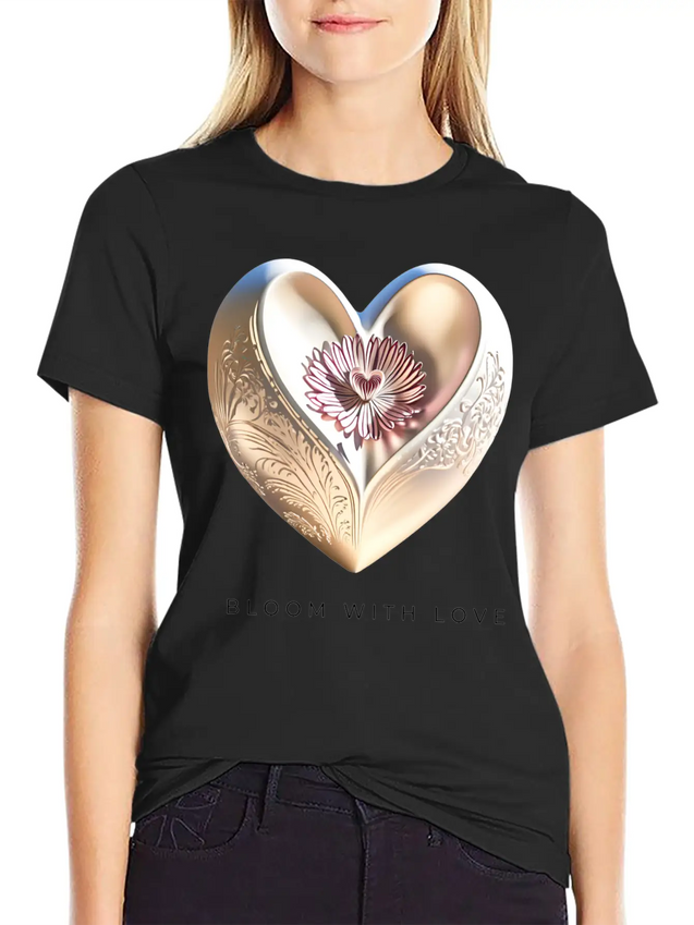 Bloom With Love Gold Heart And Flower Lightweight Cotton T-Shirt – Daily Comfort Graphic Shirt