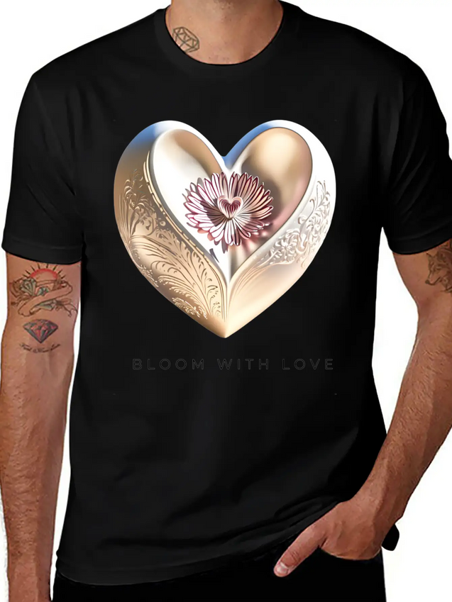 Bloom With Love Gold Heart And Flower Lightweight Cotton T-Shirt – Daily Comfort Graphic Shirt