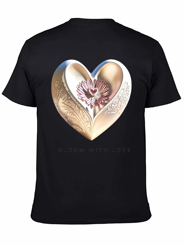 Bloom With Love Gold Heart And Flower Lightweight Cotton T-Shirt – Daily Comfort Graphic Shirt