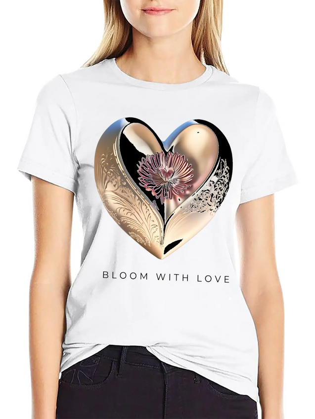Bloom With Love Gold Heart And Flower Lightweight Cotton T-Shirt – Daily Comfort Graphic Shirt
