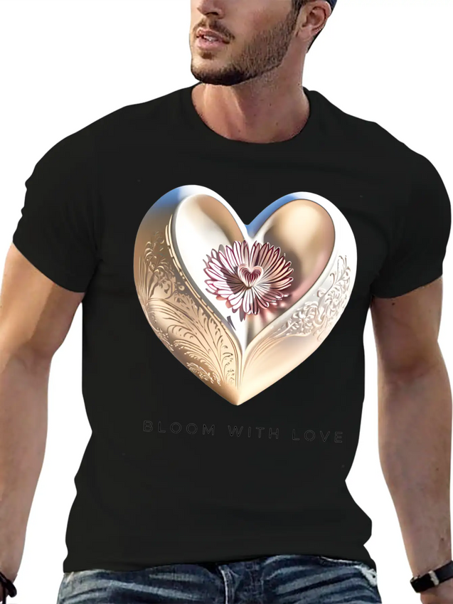 Bloom With Love Gold Heart And Flower Lightweight Cotton T-Shirt – Daily Comfort Graphic Shirt