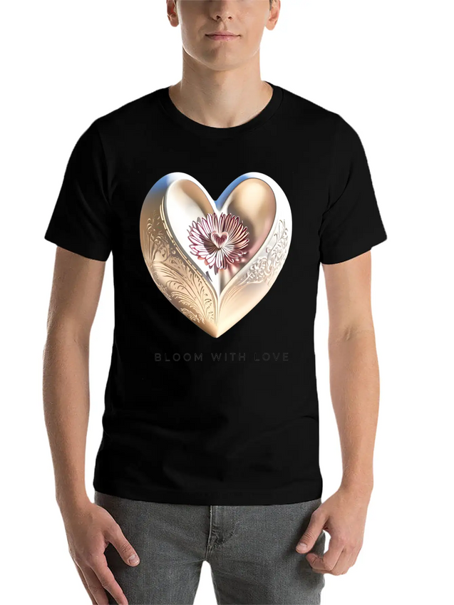 Bloom With Love Gold Heart And Flower Lightweight Cotton T-Shirt – Daily Comfort Graphic Shirt