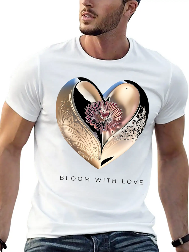 Bloom With Love Gold Heart And Flower Lightweight Cotton T-Shirt – Daily Comfort Graphic Shirt