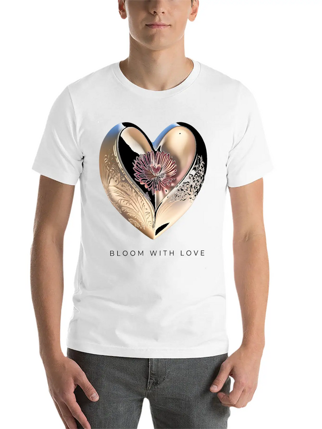 Bloom With Love Gold Heart And Flower Lightweight Cotton T-Shirt – Daily Comfort Graphic Shirt