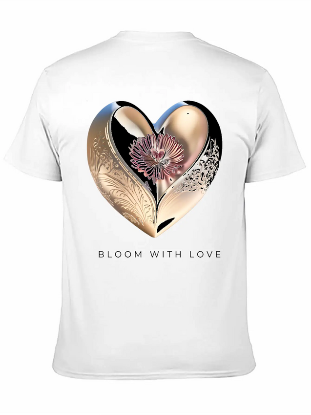 Bloom With Love Gold Heart And Flower Lightweight Cotton T-Shirt – Daily Comfort Graphic Shirt