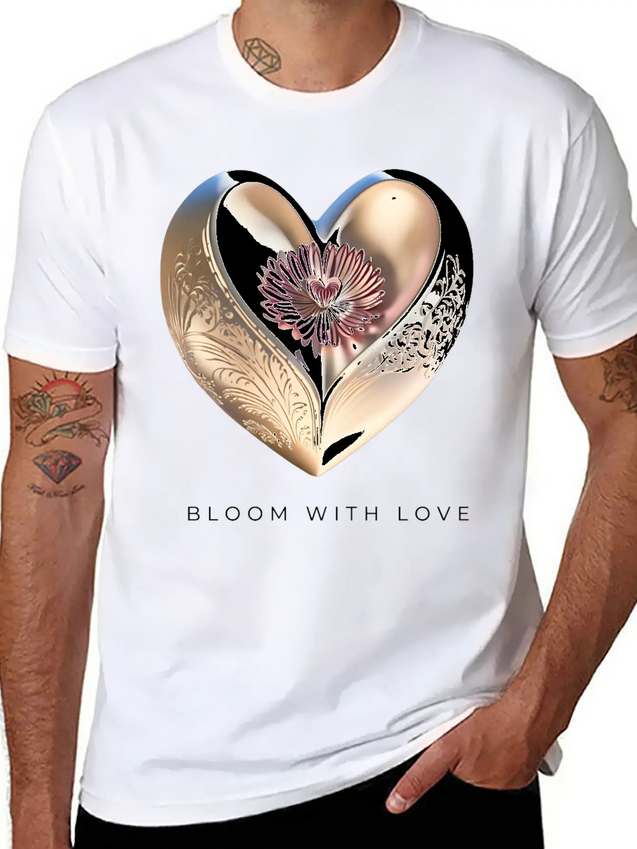 Bloom With Love Gold Heart And Flower Lightweight Cotton T-Shirt – Daily Comfort Graphic Shirt