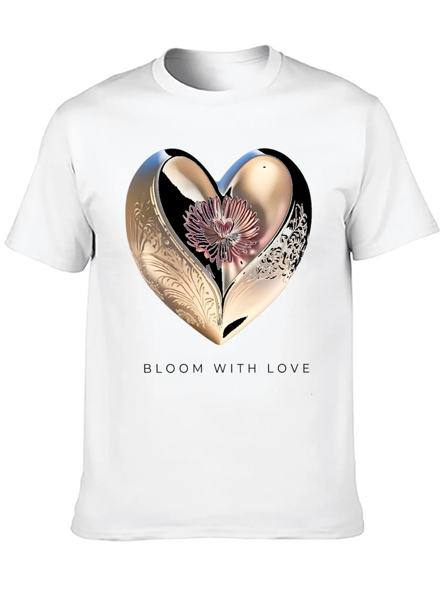 Bloom With Love Gold Heart And Flower Lightweight Cotton T-Shirt – Daily Comfort Graphic Shirt