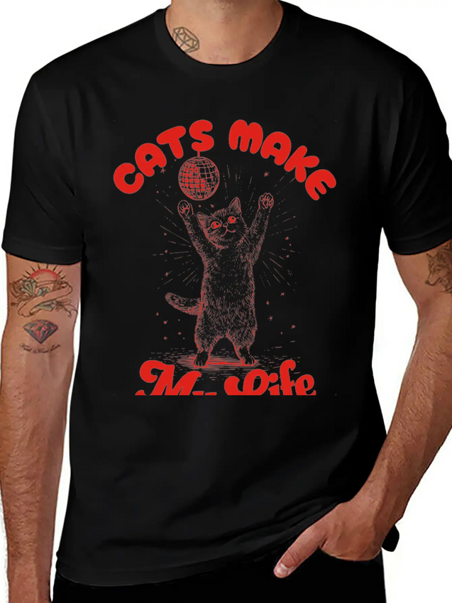 Cats Make My Life Better ~ Vintage Y2k Disco Cat Lightweight Cotton T-Shirt – Daily Comfort Graphic Shirt