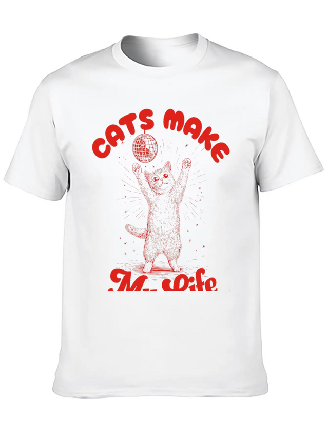 Cats Make My Life Better ~ Vintage Y2k Disco Cat Lightweight Cotton T-Shirt – Daily Comfort Graphic Shirt