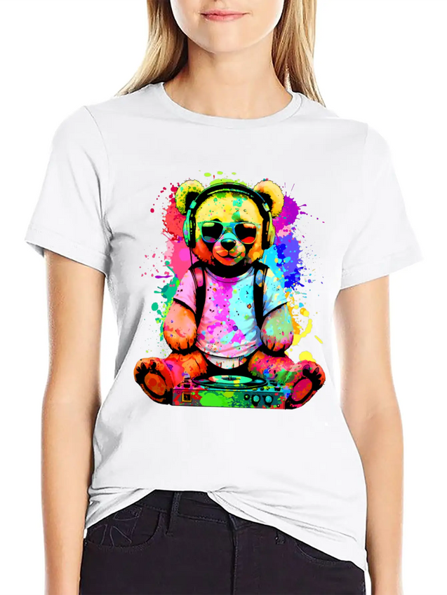 DJ Bear, Teddy, Cartoon, Music, Concerts Festivals Lightweight Cotton T-Shirt – Daily Comfort Graphic Shirt