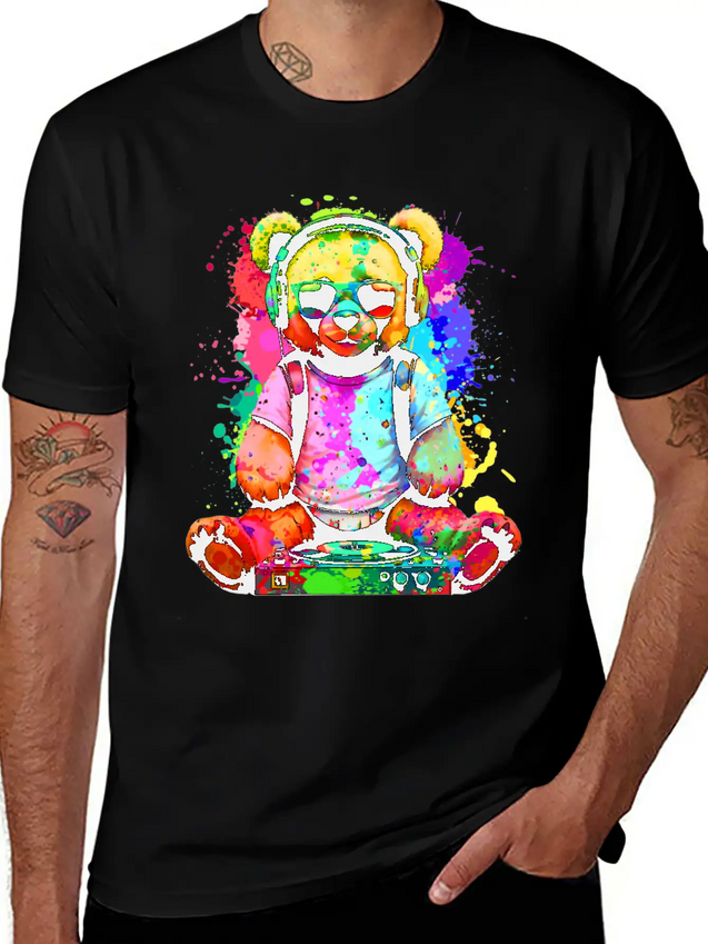 DJ Bear, Teddy, Cartoon, Music, Concerts Festivals Lightweight Cotton T-Shirt – Daily Comfort Graphic Shirt