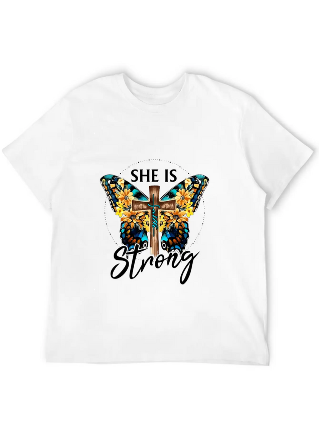Faith Jesus Cross Butterfly Sunflower She's Strong Lightweight Cotton T-Shirt – Daily Comfort Graphic Shirt