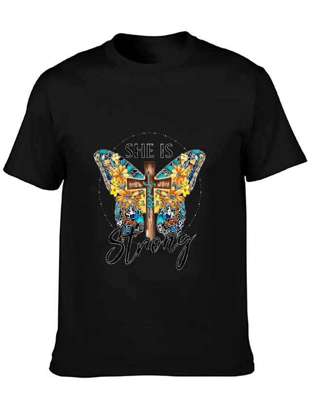 Faith Jesus Cross Butterfly Sunflower She's Strong Lightweight Cotton T-Shirt – Daily Comfort Graphic Shirt