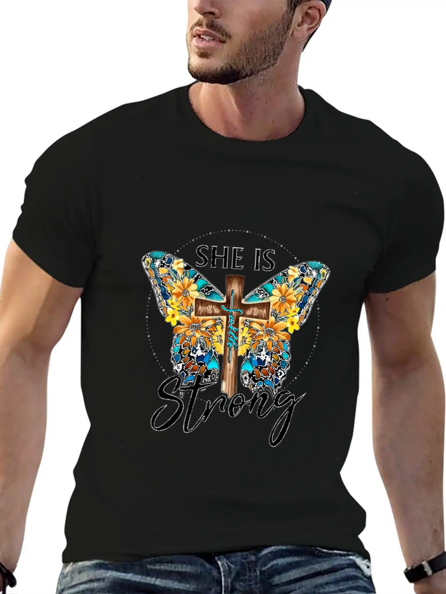 Faith Jesus Cross Butterfly Sunflower She's Strong Lightweight Cotton T-Shirt – Daily Comfort Graphic Shirt