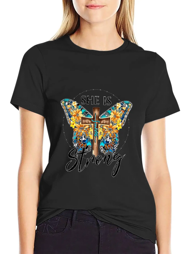 Faith Jesus Cross Butterfly Sunflower She's Strong Lightweight Cotton T-Shirt – Daily Comfort Graphic Shirt