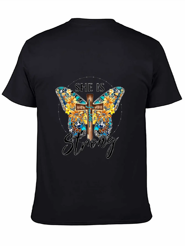 Faith Jesus Cross Butterfly Sunflower She's Strong Lightweight Cotton T-Shirt – Daily Comfort Graphic Shirt
