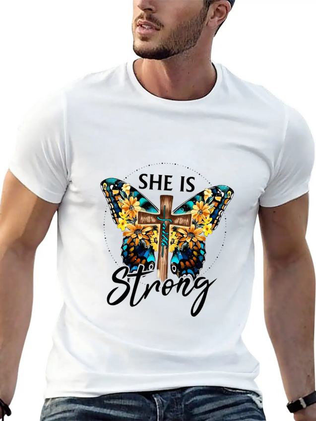 Faith Jesus Cross Butterfly Sunflower She's Strong Lightweight Cotton T-Shirt – Daily Comfort Graphic Shirt