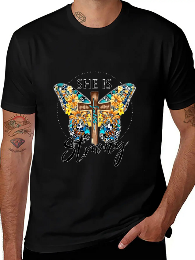 Faith Jesus Cross Butterfly Sunflower She's Strong Lightweight Cotton T-Shirt – Daily Comfort Graphic Shirt