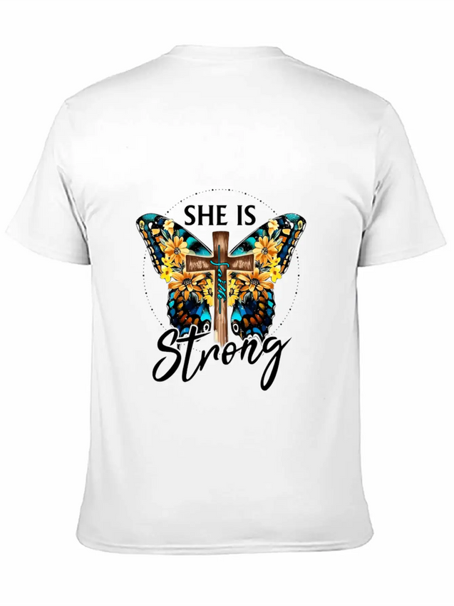 Faith Jesus Cross Butterfly Sunflower She's Strong Lightweight Cotton T-Shirt – Daily Comfort Graphic Shirt