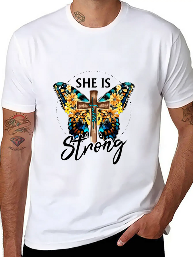 Faith Jesus Cross Butterfly Sunflower She's Strong Lightweight Cotton T-Shirt – Daily Comfort Graphic Shirt