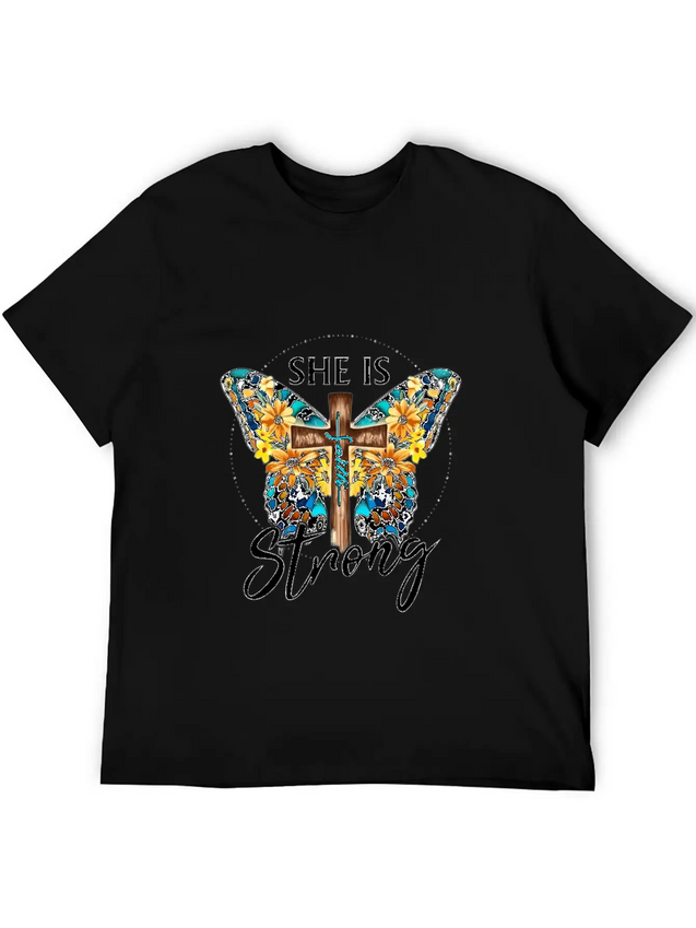 Faith Jesus Cross Butterfly Sunflower She's Strong Lightweight Cotton T-Shirt – Daily Comfort Graphic Shirt