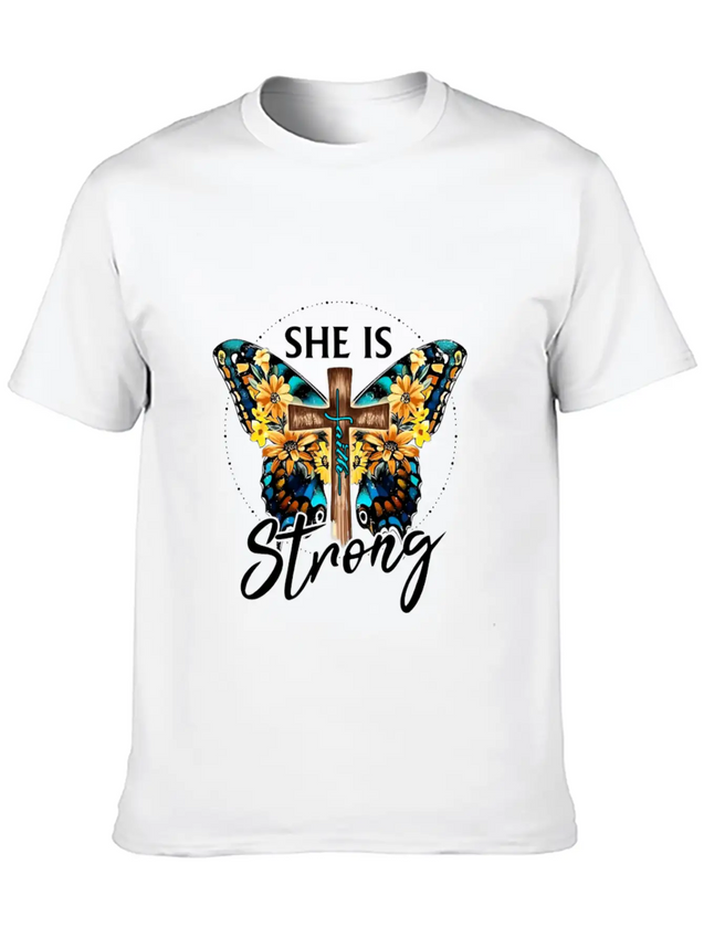 Faith Jesus Cross Butterfly Sunflower She's Strong Lightweight Cotton T-Shirt – Daily Comfort Graphic Shirt