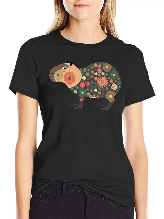 Floral Capybara With Flowers Lightweight Cotton T-Shirt – Daily Comfort Graphic Shirt