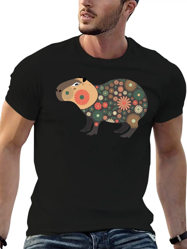Floral Capybara With Flowers Lightweight Cotton T-Shirt – Daily Comfort Graphic Shirt